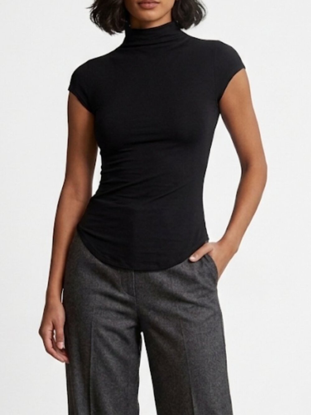 Naked Wardrobe Black High Neck Cap Sleeve Fitted Top Round Hem Size XS NWT